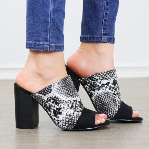 Snake Print Open Toe Slip on Chunky High Heel - Picture 4 of 8